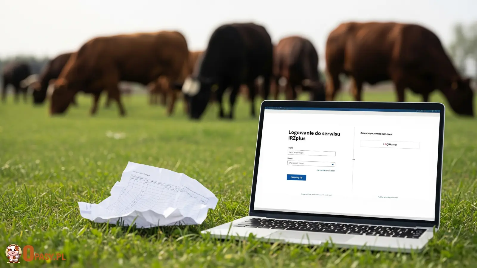 Laptop stojący na trawie, na ekranie widoczny panel logowania do systemu IRZplus, obok leży porzucony papierowy formularz, w tle stado bydła na pastwisku.