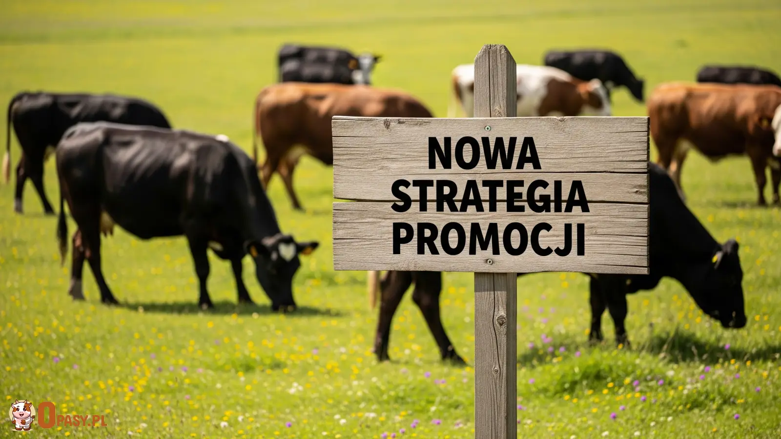 Drewniana tabliczka z napisem „Nowa strategia promocji” ustawiona na zielonej łące, na której pasą się opasy. Obraz symbolizujący nową kampanię marketingową dotyczącą wołowiny.