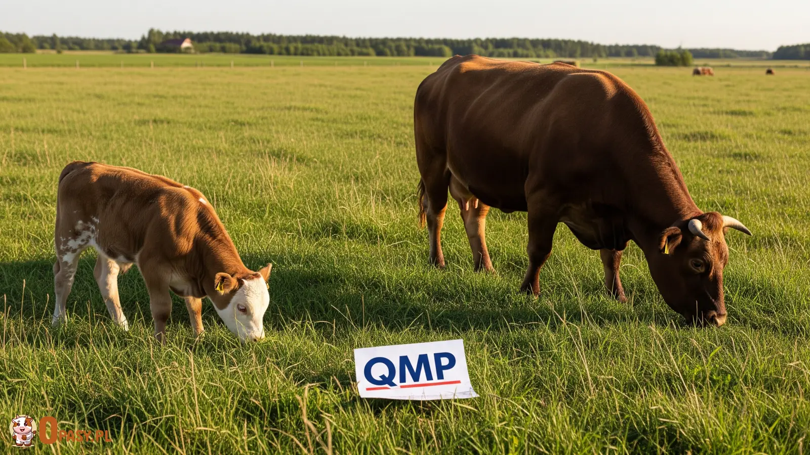 Krowa i cielę pasące się na zielonym pastwisku, z widoczną tabliczką informacyjną QMP, symbolizującą system jakości hodowli bydła. W tle rozległe, wiejskie tereny oraz lasy.